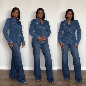 Denim Two-Piece Jacket & Wide Leg Jeans Set - Blue